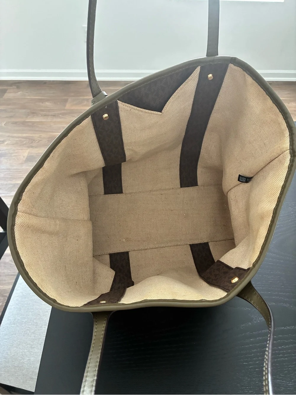 Michael Kors Olive & Brown Stripe Logo Tote